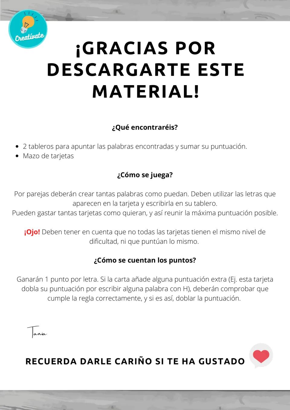 Spanish game rules: pairs build words from card letters, score 1 point per letter and double points on bonus-rule cards