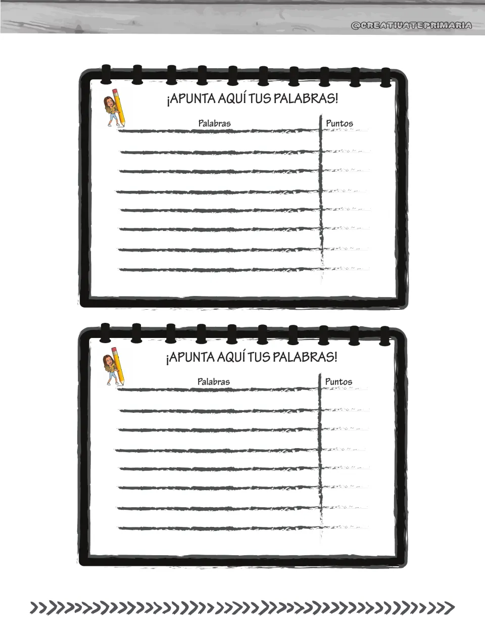 Two score sheets titled ¡Apunta aquí tus palabras! where players list each Spanish word they form and its points