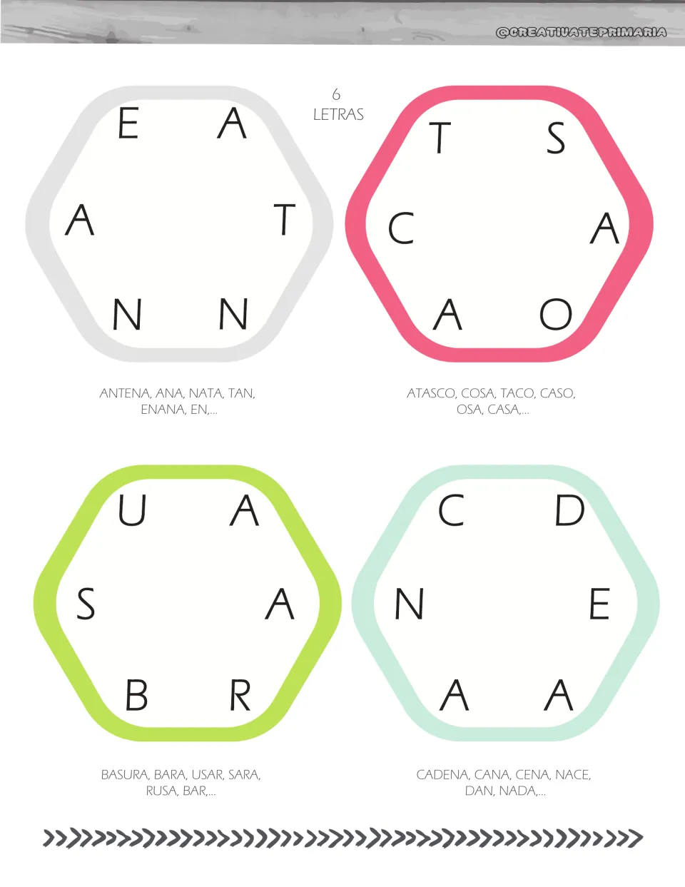 6-letter cards: four Spanish letter sets for building words, with examples like ANTENA, ATASCO, BASURA and CADENA