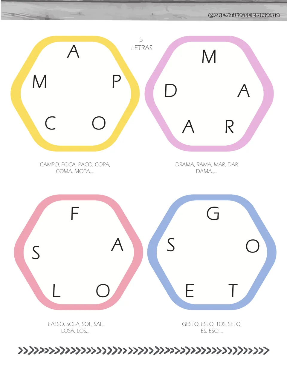 5-letter cards: four Spanish letter sets with sample words such as CAMPO, DRAMA, FALSO and GESTO for word building