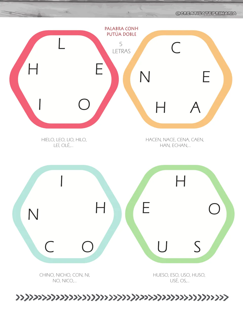 5-letter bonus cards where a word containing H scores double, with sample words like HIELO, HACEN, NICHO and HUESO