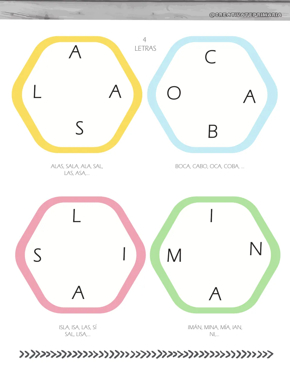 4-letter cards: four short Spanish letter sets with sample words such as ALAS, BOCA, ISLA and IMÁN for building words