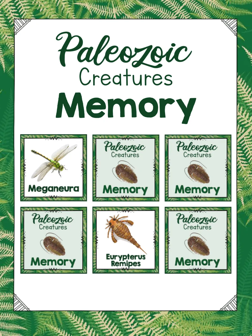 Paleozoic Creatures Memory cover showing sample cards of Meganeura and Eurypterus Remipes beside trilobite card backs