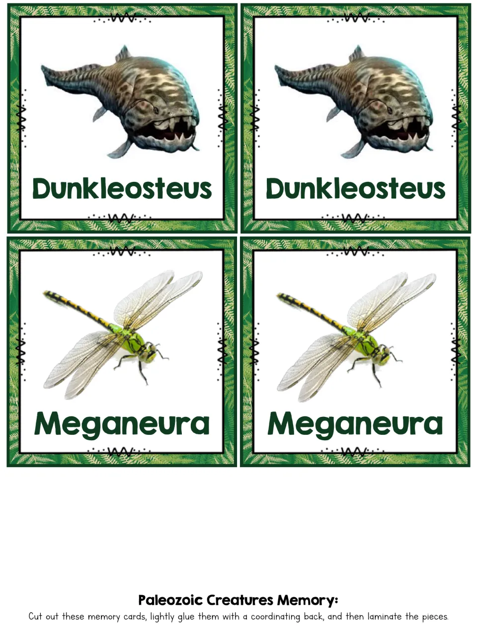 Matching card pairs for Dunkleosteus, an armored fish with jagged jaws, and Meganeura, a dragonfly-like insect