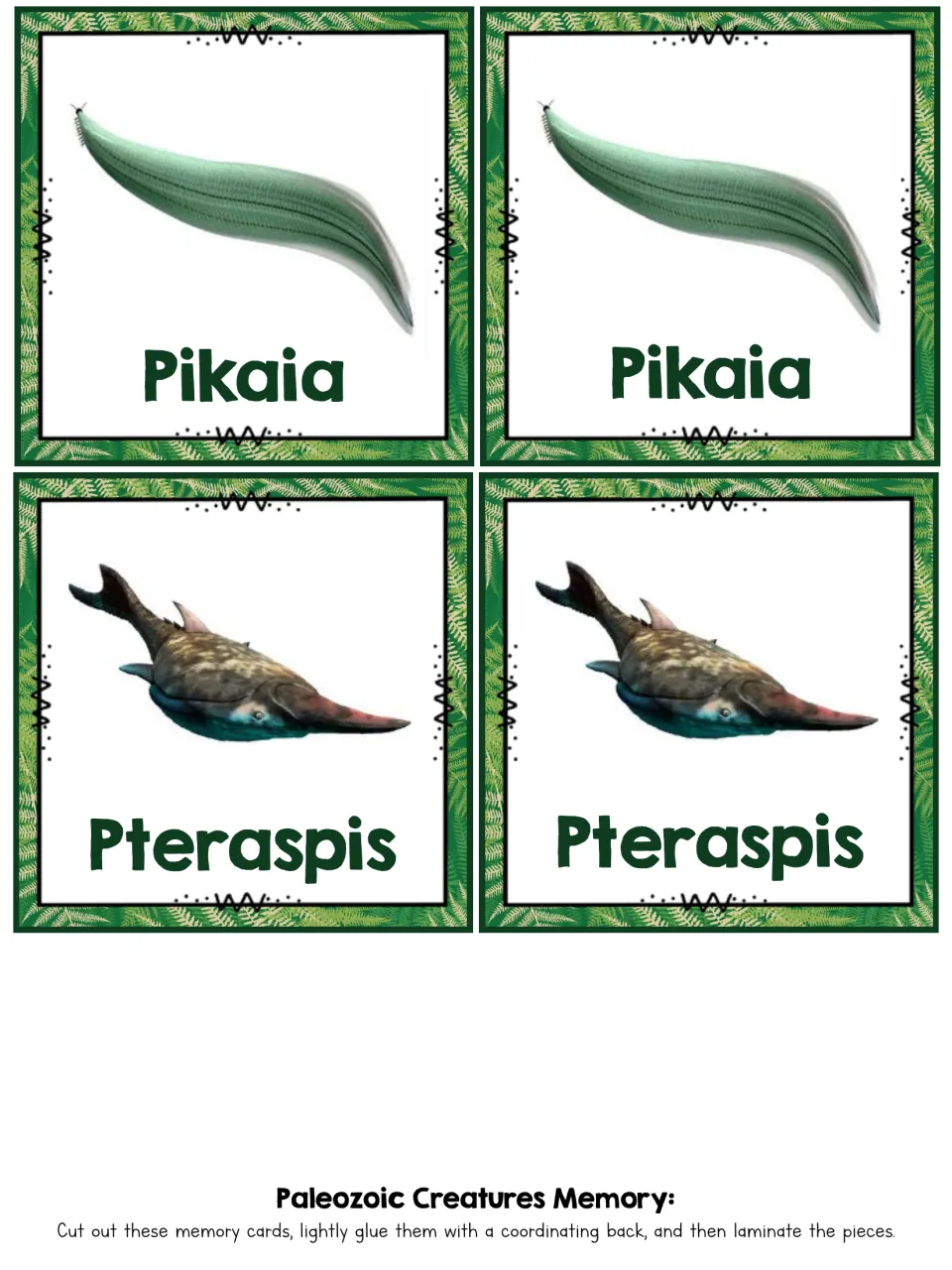Matching card pairs for Pikaia, a green worm-like swimmer, and Pteraspis, an armored fish with a pointed snout