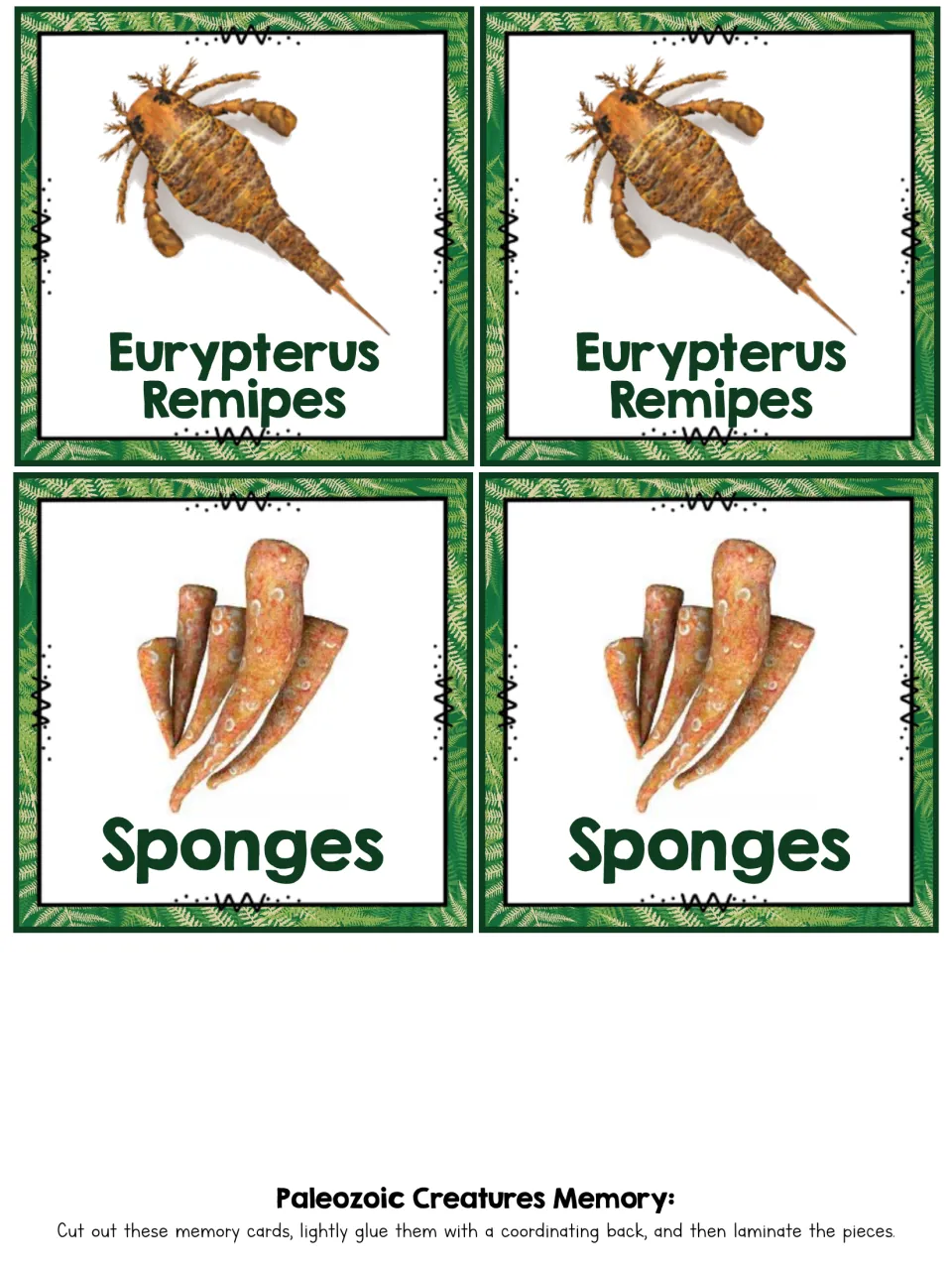 Matching card pairs for Eurypterus Remipes, a sea scorpion with a spiked tail, and tube-shaped orange Sponges