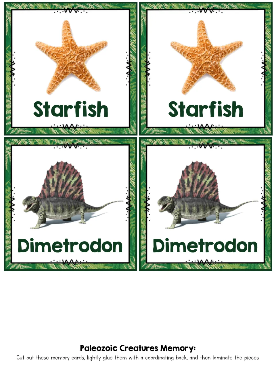 Matching card pairs for an orange Starfish and Dimetrodon, a four-legged reptile-like animal with a tall sail on its back
