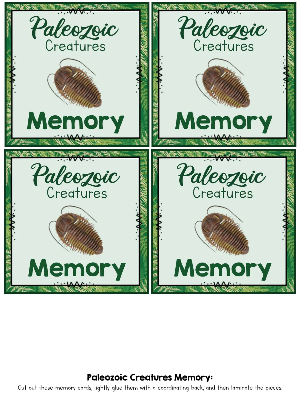 Card backs: four identical designs with a trilobite and the game name, to glue behind the creature picture cards