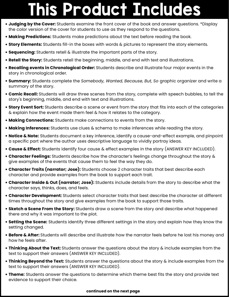 Contents list, part 1: activities from Judging by the Cover and Making Predictions through Character Traits and Theme
