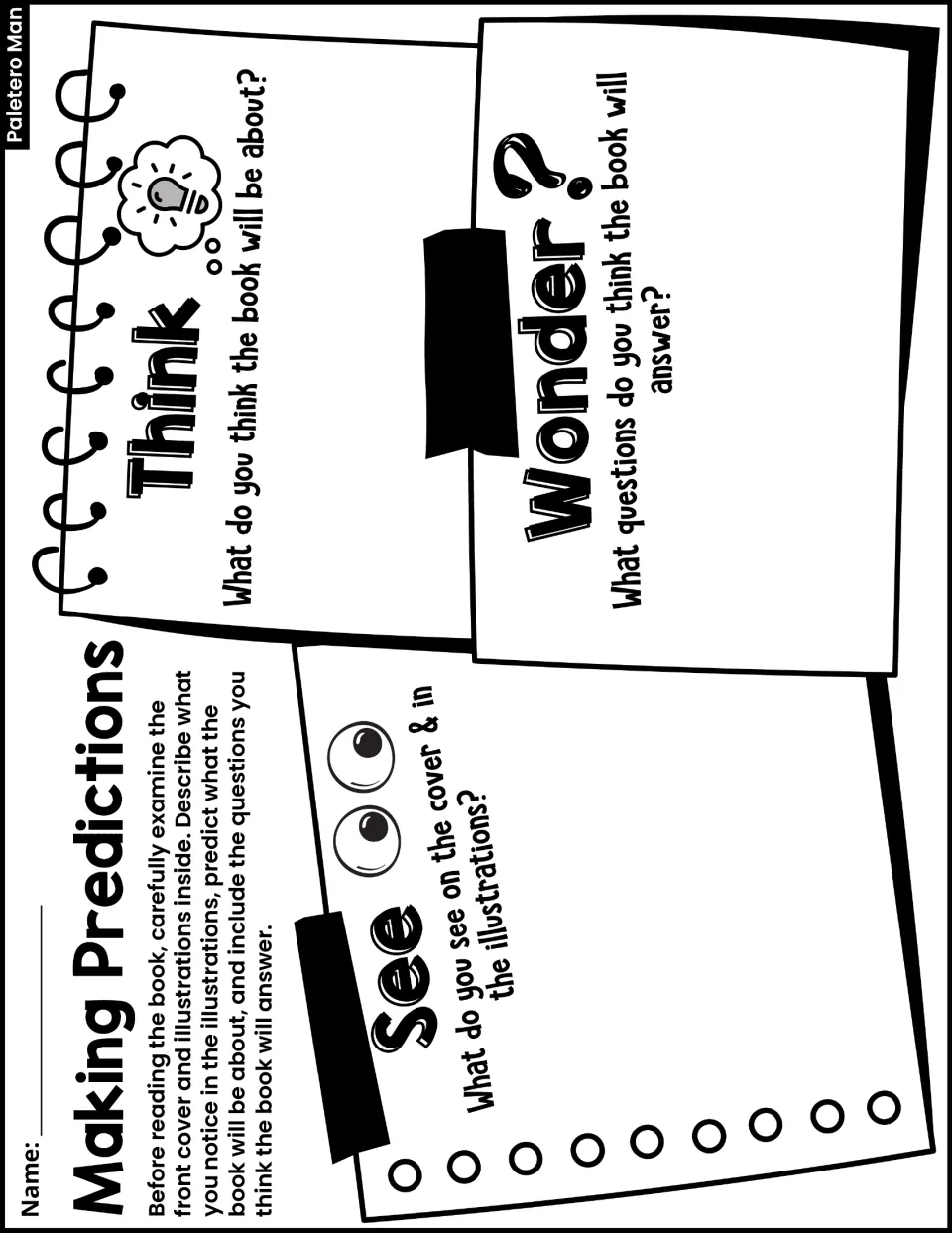 Making Predictions: before reading, students record what they see, think and wonder about the book from its cover and art