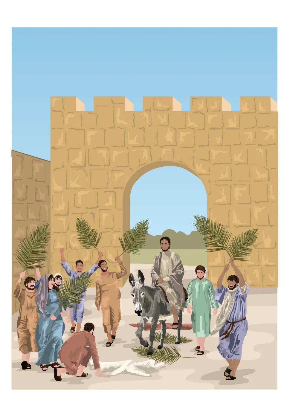 Palm Sunday scene: Jesus rides a donkey through a Jerusalem city gate as a crowd waves palm branches and lays down cloaks