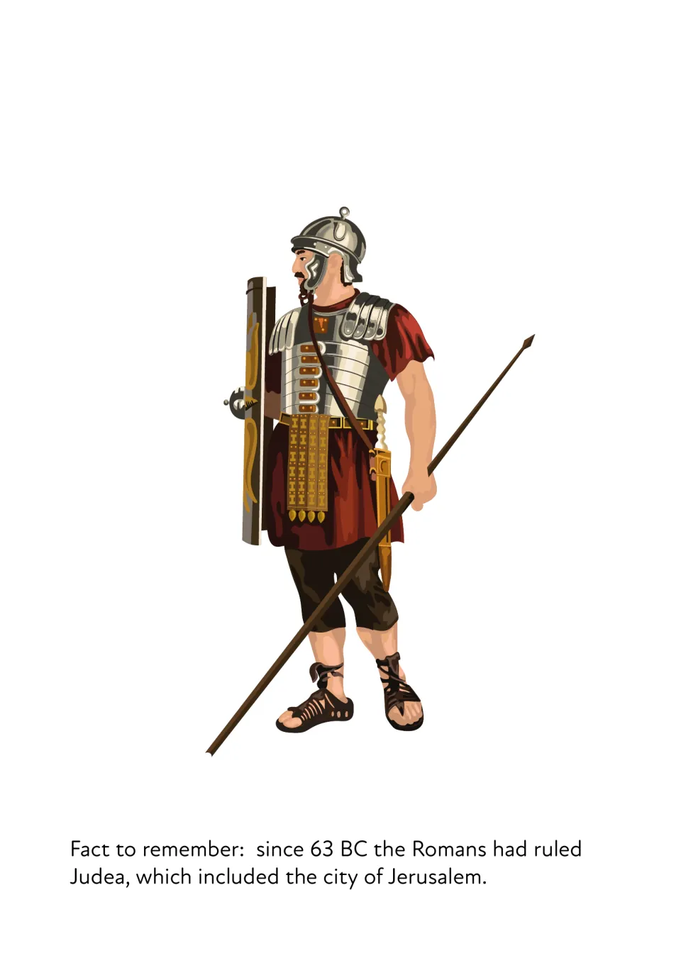 Roman rule background: illustrated Roman soldier with spear and shield plus the fact that Romans ruled Judea from 63 BC