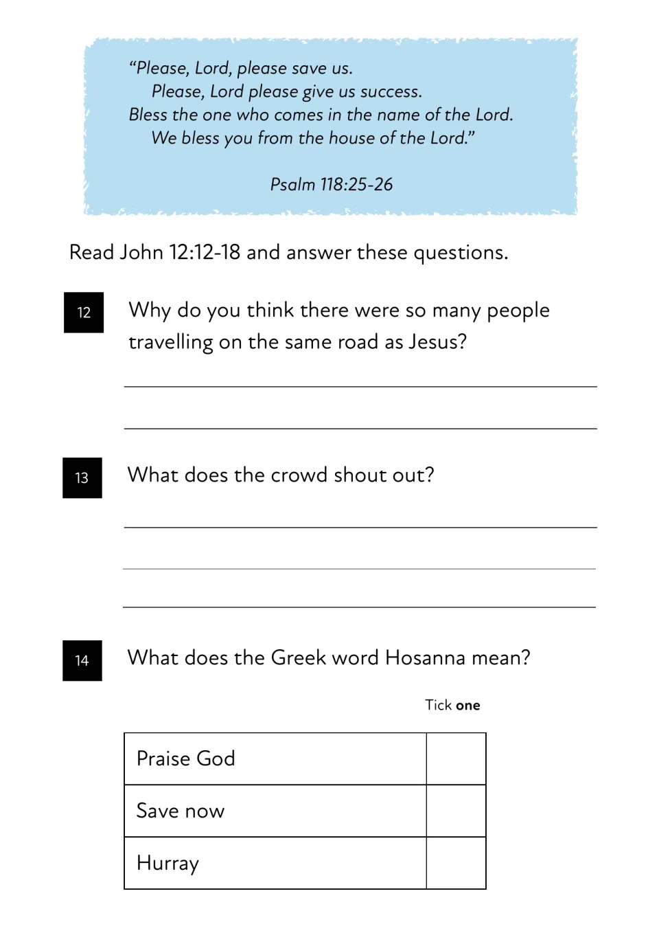 John 12:12-18 reading: Psalm 118:25-26 verse, questions on the crowd's shouts and a tick-one choice for what Hosanna means