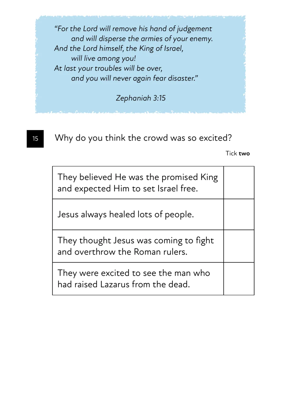 Why the crowd was excited: Zephaniah 3:15 verse and question 15, where students tick two of four possible reasons