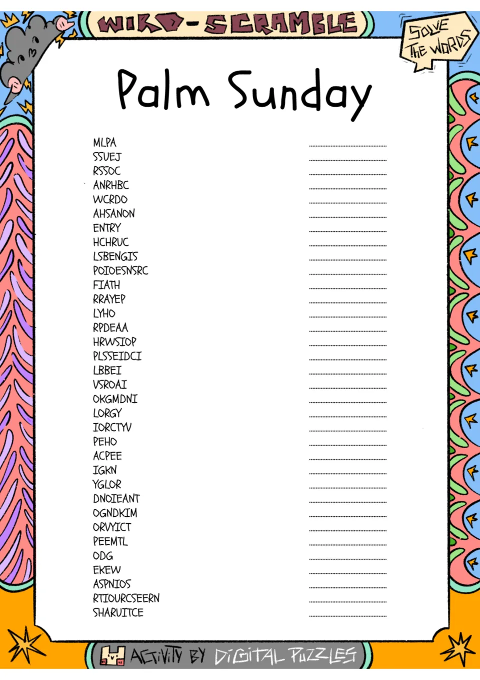 Palm Sunday word scramble: students unscramble 34 words such as MLPA, SSUEJ and RSSOC, writing each answer on its line