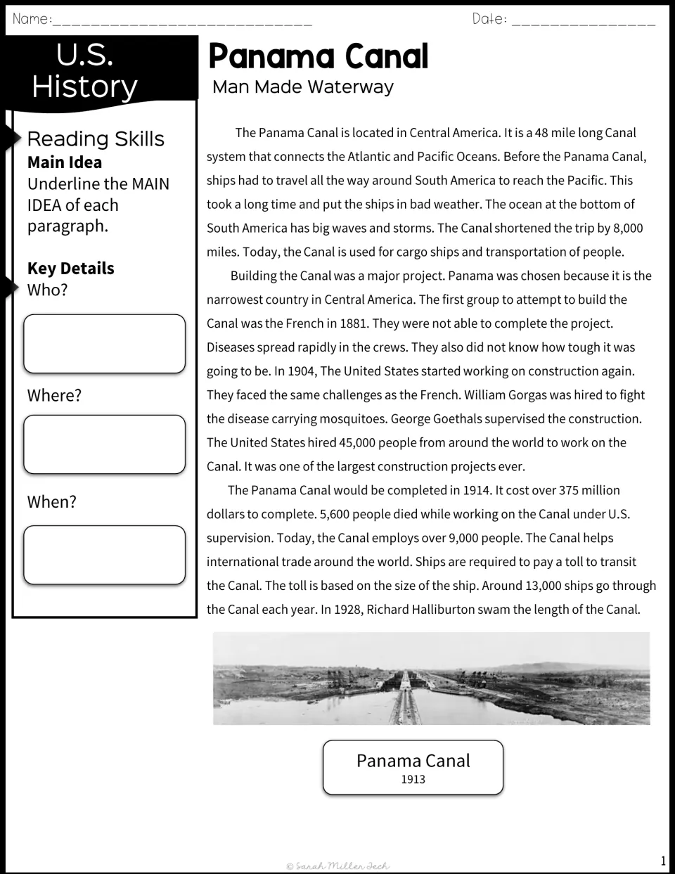 Panama Canal reading passage: students underline each paragraph's main idea and note Who, Where and When key details