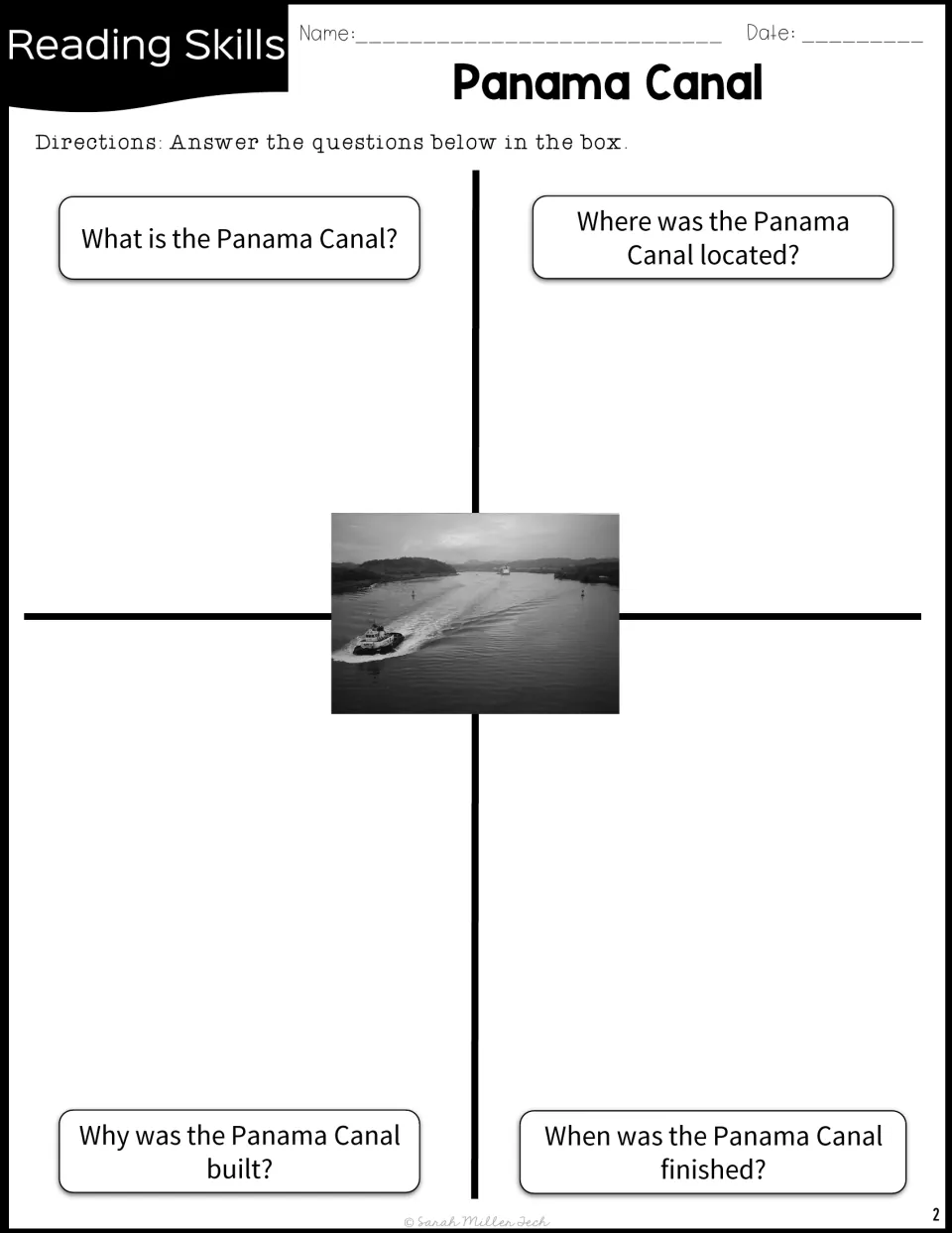 Panama Canal comprehension questions: students write answers about what, where, why and when, beside a canal photo