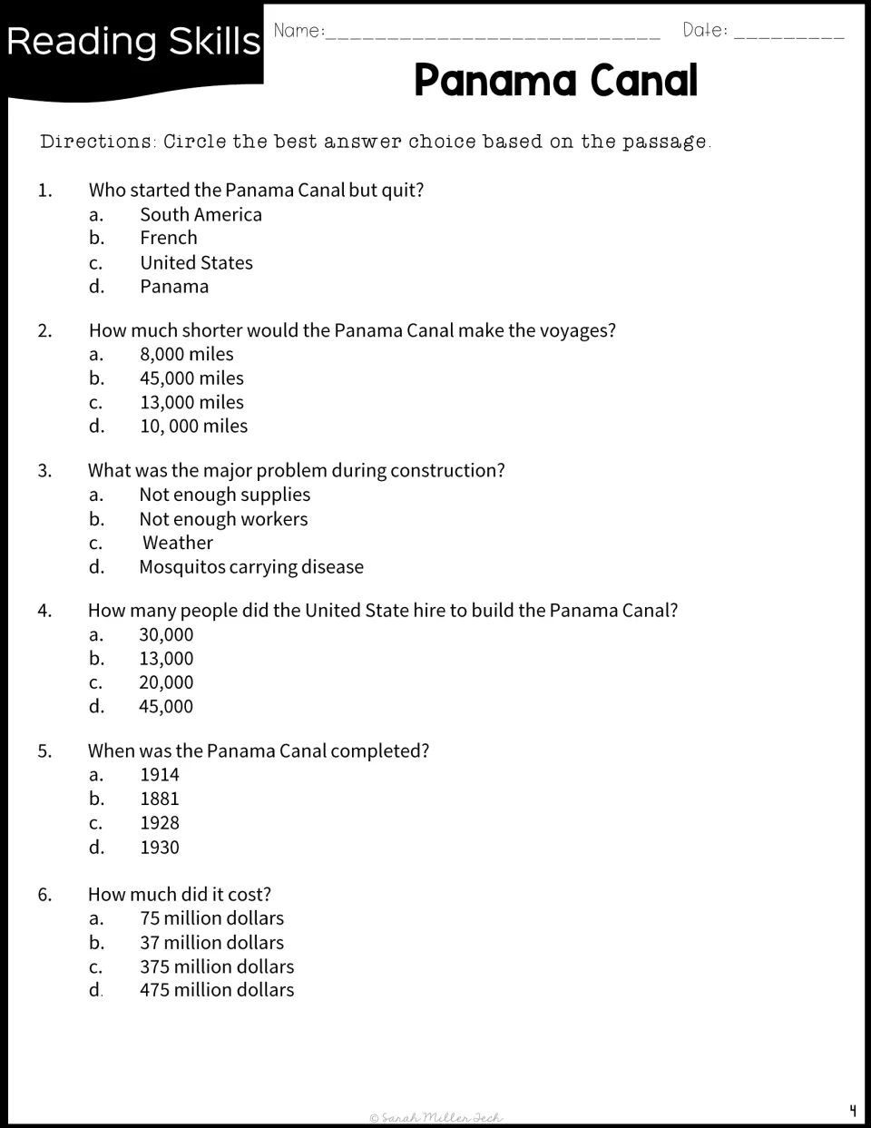 Panama Canal multiple-choice questions 1-6: students circle answers about who quit, miles saved, workers and cost