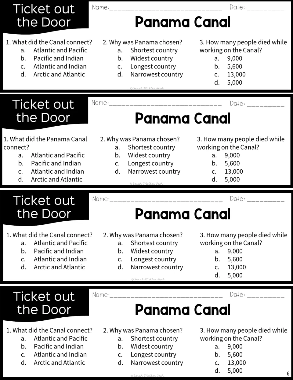 Ticket out the Door exit slips on the Panama Canal: students answer three multiple-choice questions on the canal