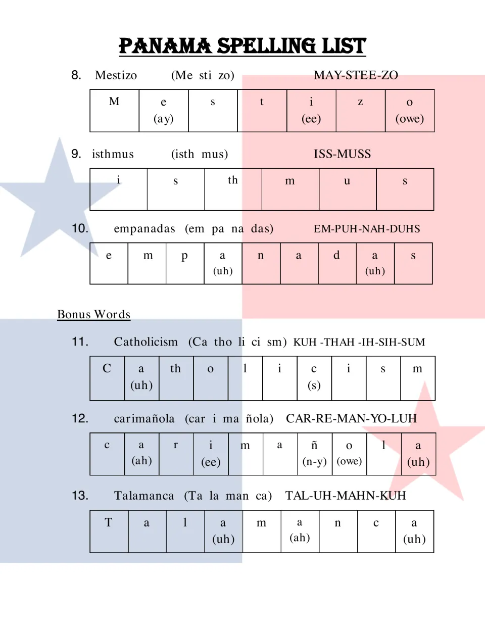 Spelling words 8-10 and bonus words 11-13, Mestizo to Talamanca, with syllable breaks, pronunciations and letter sounds
