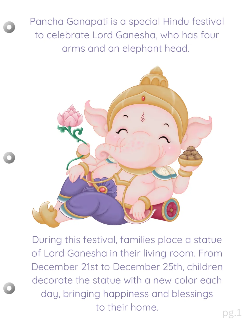 Introduction to the festival book explains honoring Lord Ganesha and decorating his statue December 21–25
