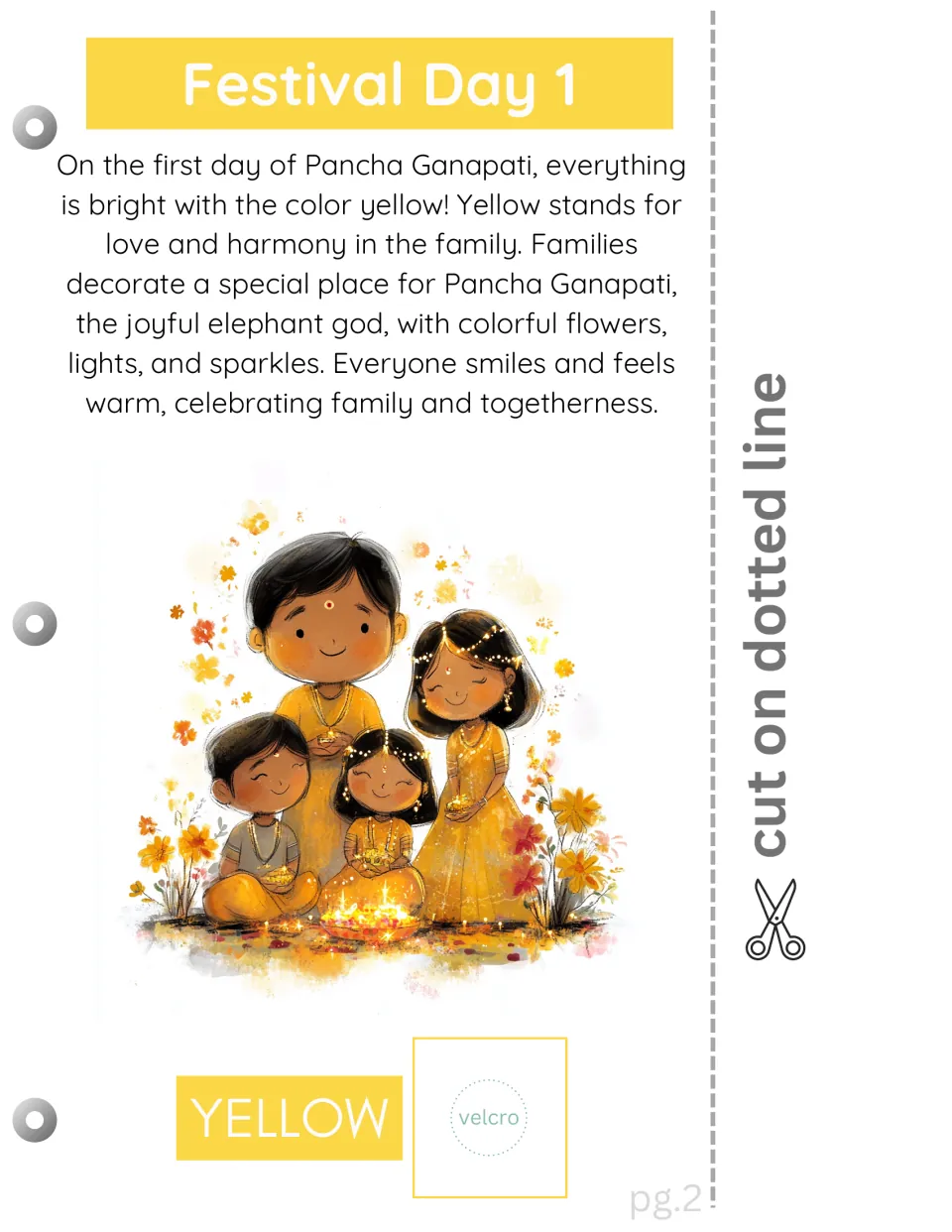 Festival Day 1 reading page connects yellow with family love and harmony and includes a color-matching space