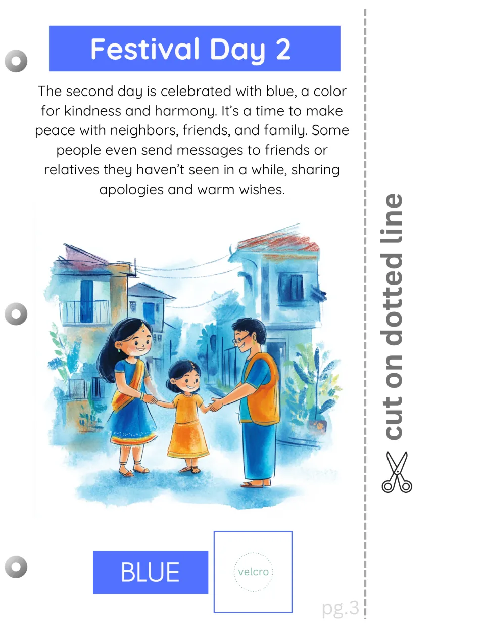 Festival Day 2 reading page connects blue with kindness and making peace and includes a color-matching space
