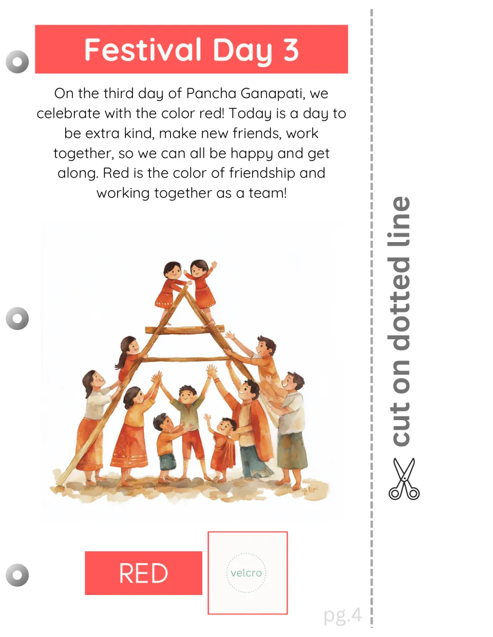 Festival Day 3 reading page connects red with friendship and working as a team, with a color-matching space