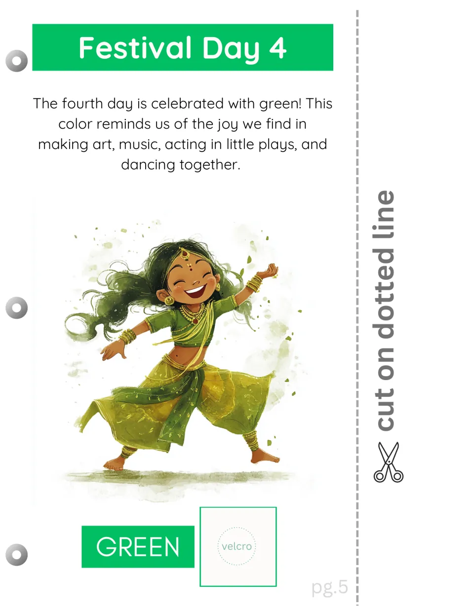 Festival Day 4 reading page connects green with art, music, plays, and dancing, with a color-matching space