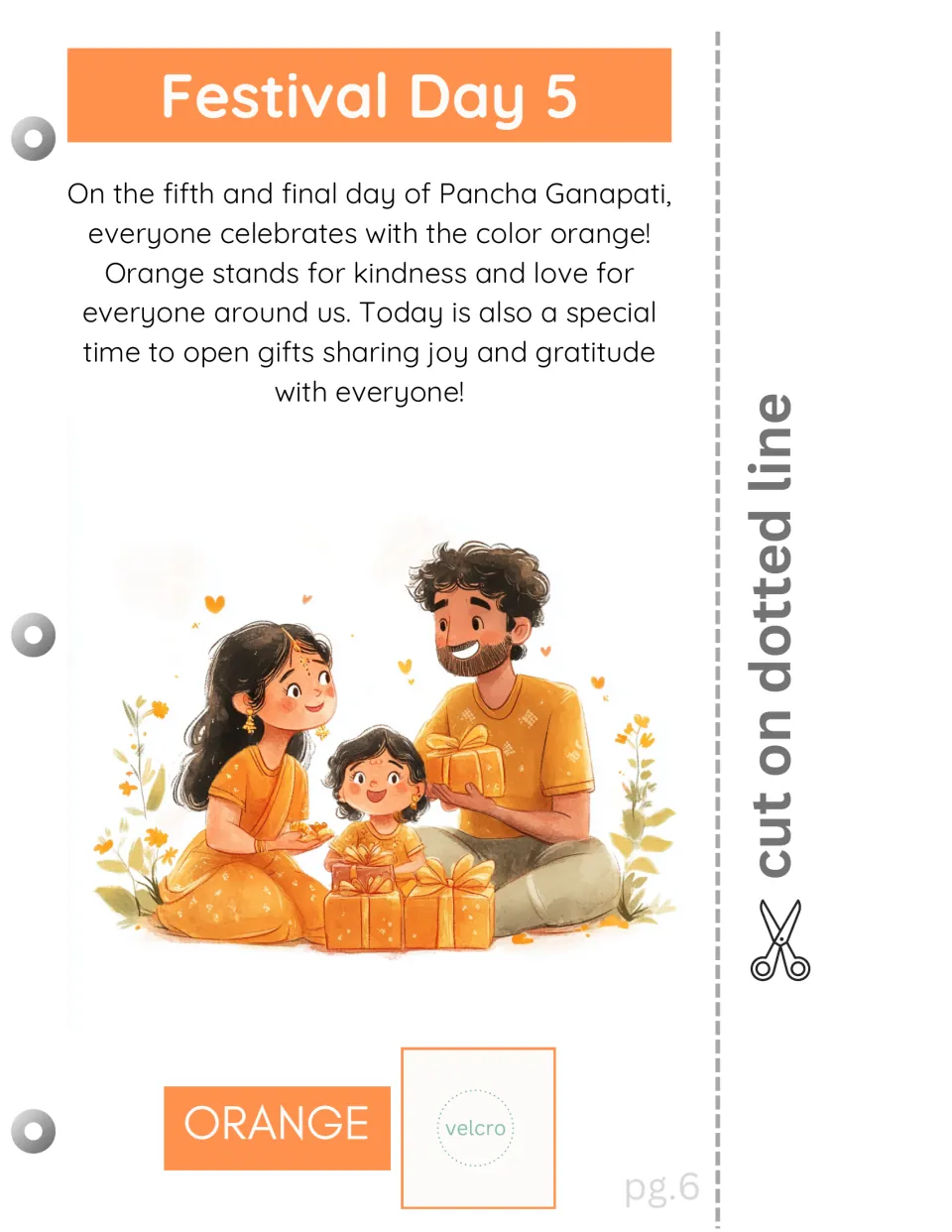 Festival Day 5 reading page connects orange with kindness, love, and opening gifts, with a color-matching space