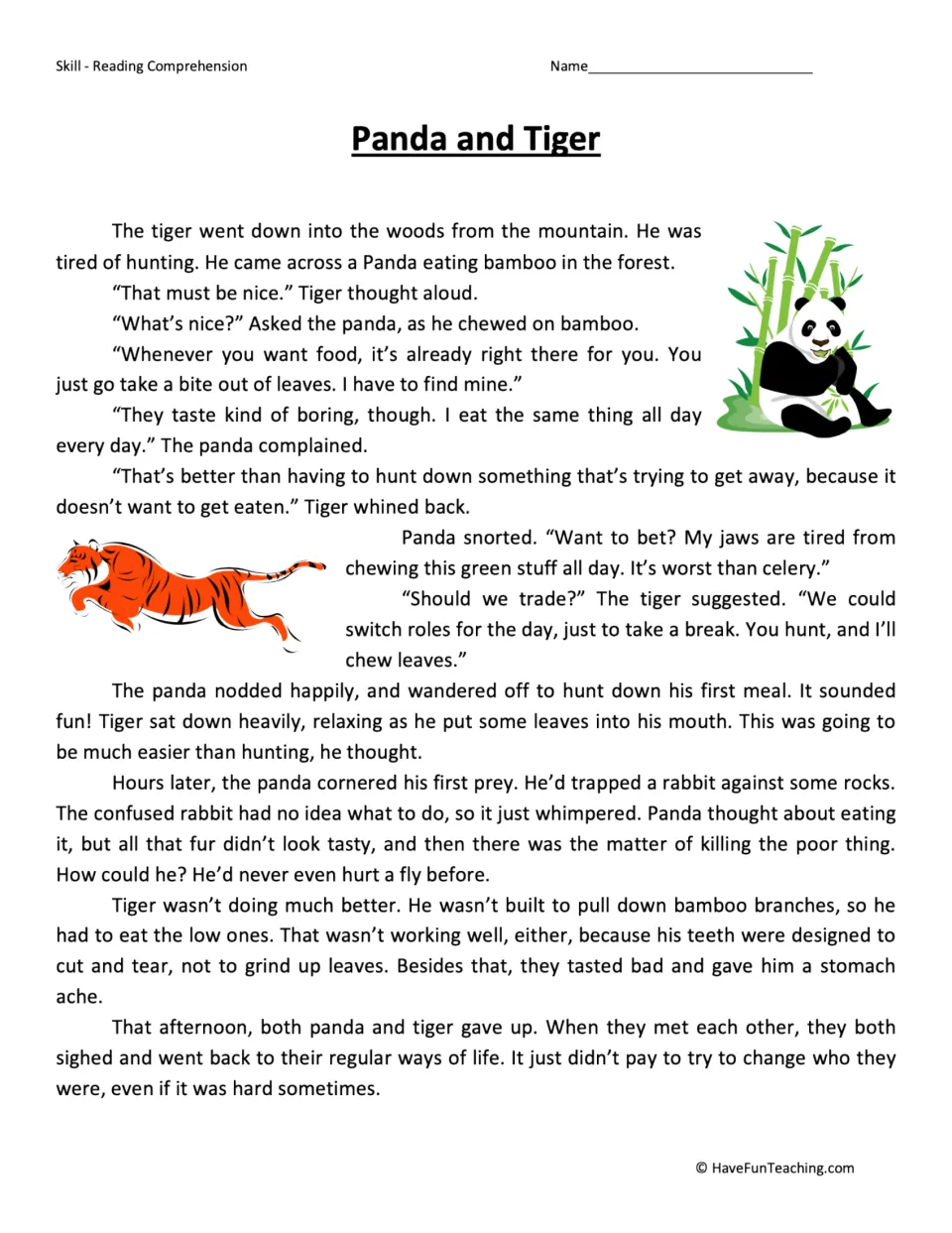 Reading passage about a panda and a tiger who trade eating habits for a day, then return to their usual lives.