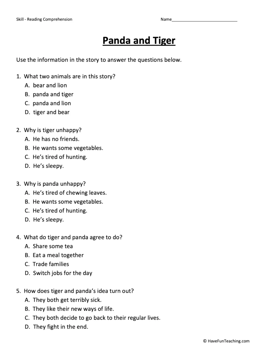 Five multiple-choice questions about the story's animals, their complaints, their trade, and its outcome.