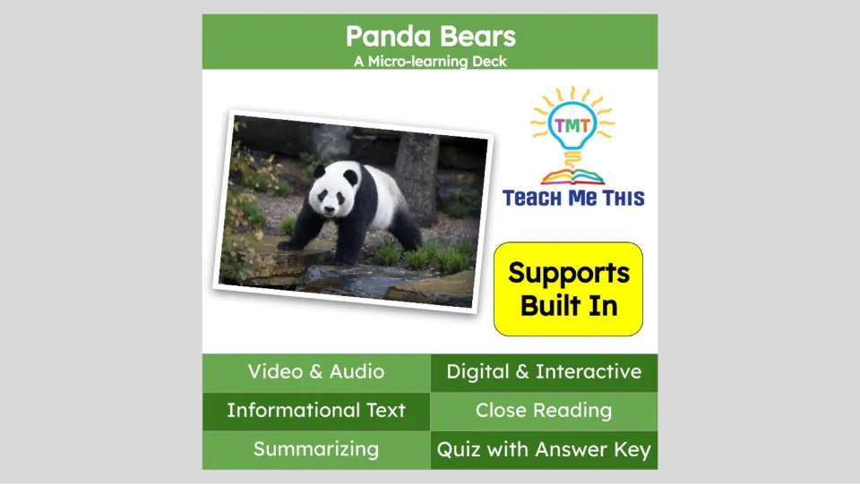 Cover of the panda micro-learning deck, listing video, audio, informational text, close reading, and a quiz