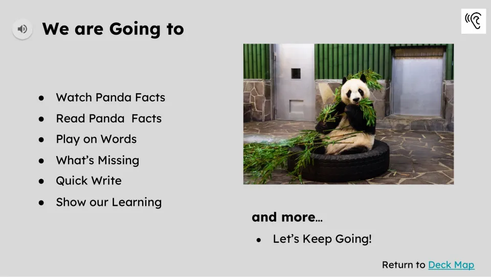 Activity preview lists watching and reading panda facts, word work, missing information, and quick writing