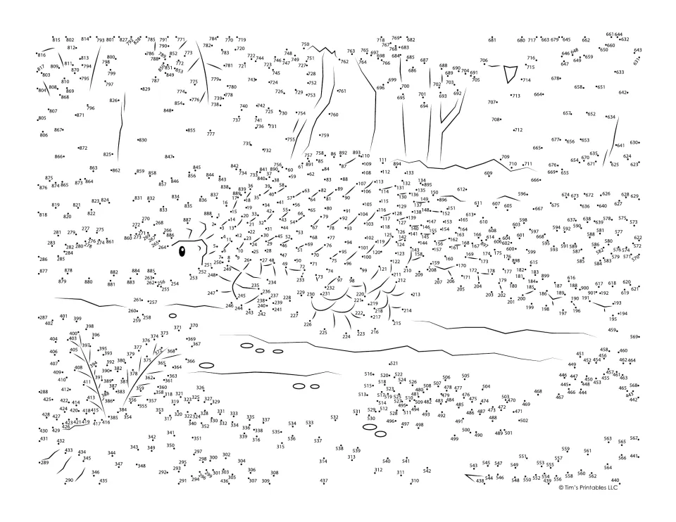 Pangolin dot-to-dot activity: 901 numbered dots reveal a scaled pangolin among trees, rocks, and plants.