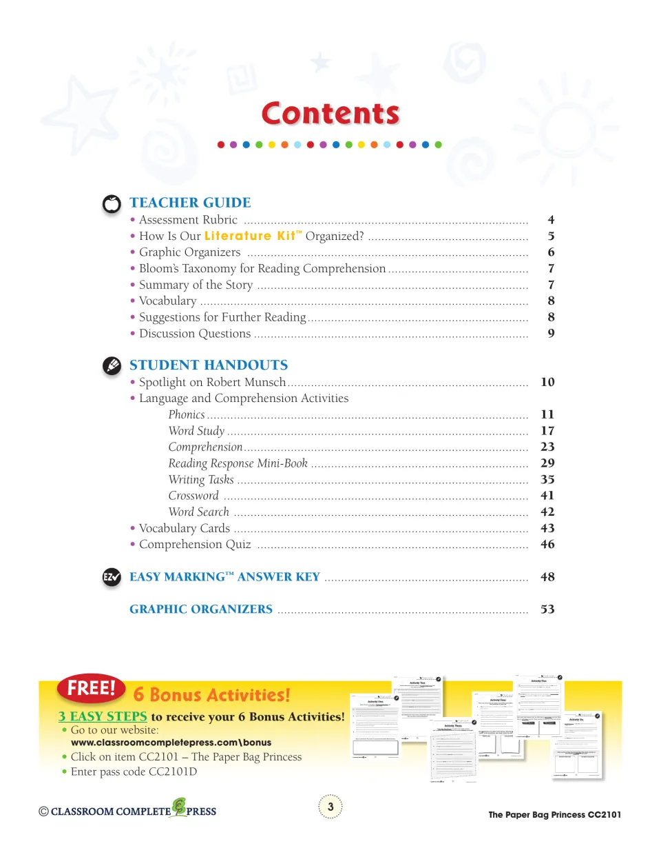 Literature kit contents lists the teacher guide, student handouts, answer key, and graphic organizers