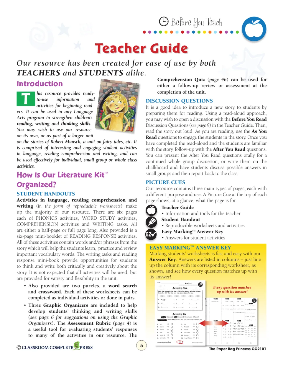 Teacher guide explains the kit’s worksheets, reading response mini-book, discussion questions, and answer key
