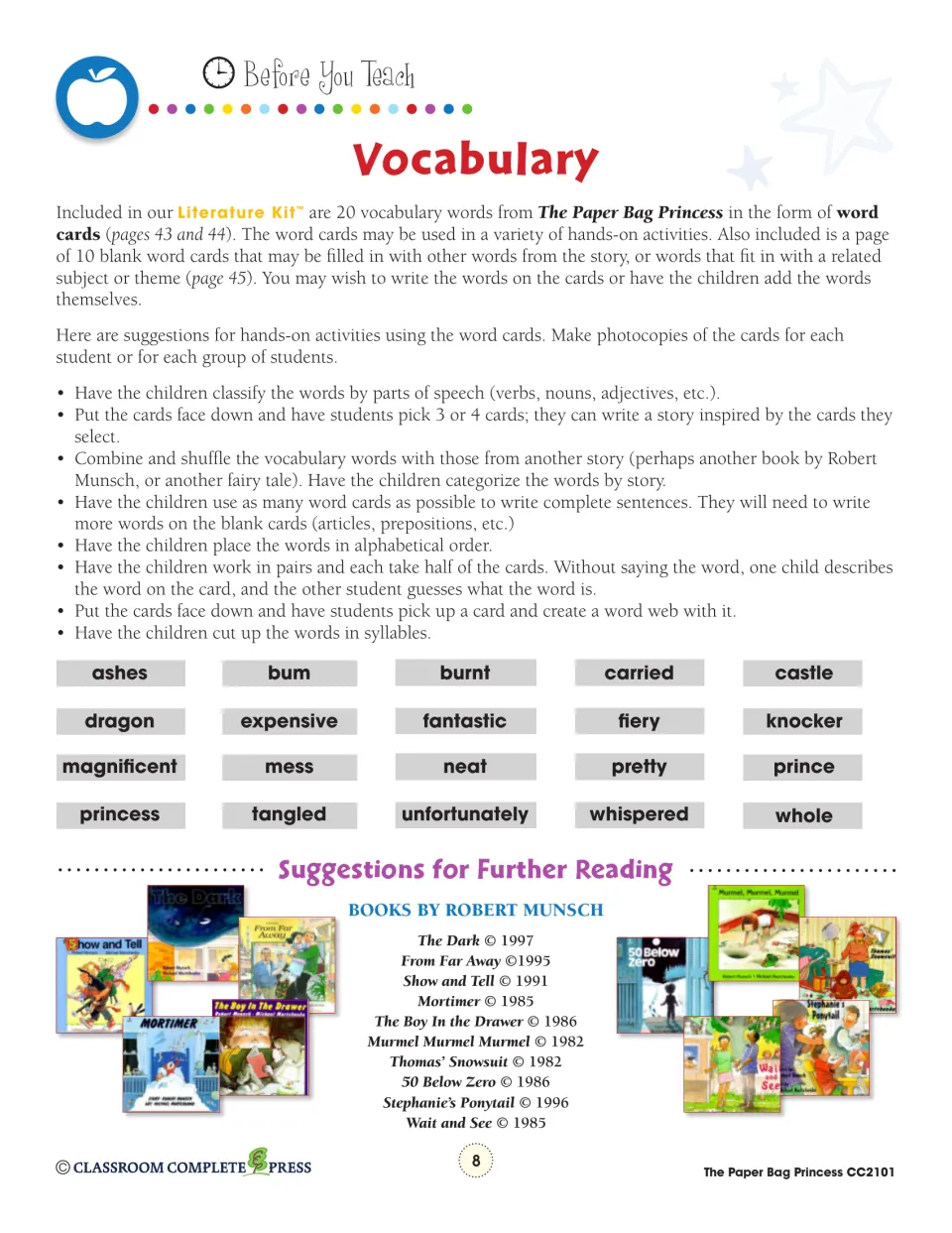 Vocabulary guide lists 20 story words, including ashes, dragon, and tangled, with word-card activity ideas