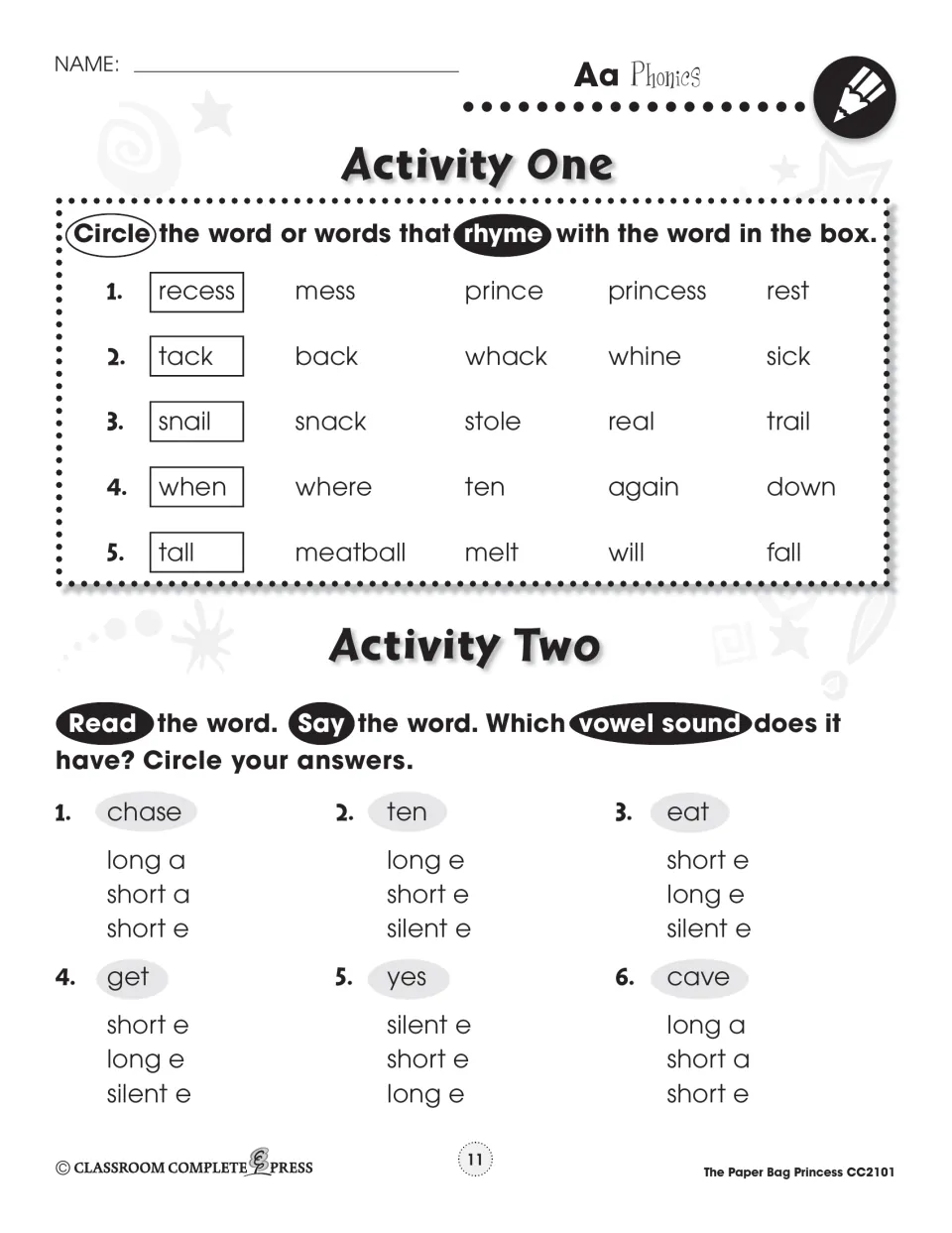 Phonics activities ask students to circle rhyming words and identify vowel sounds in chase, ten, eat, and more