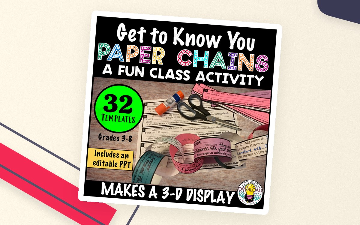 Get to Know You Paper Chains cover with scissors, paper strips, and a 32-template badge.