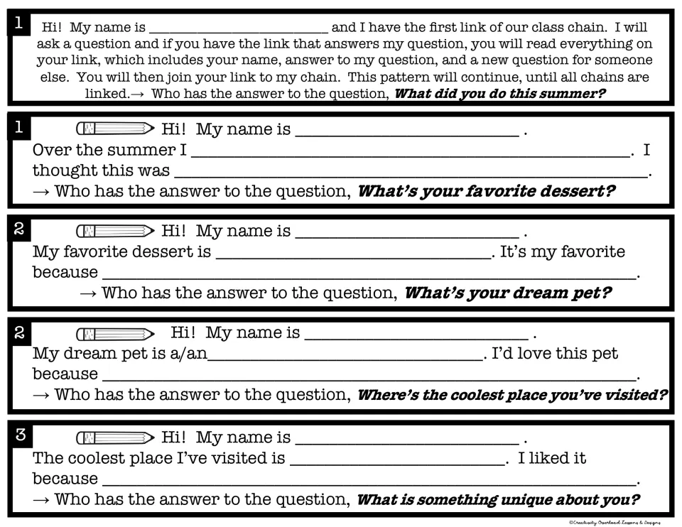 Chain links 1-3: first-link script, then students write their name, summer plans, favorite dessert, dream pet and travel