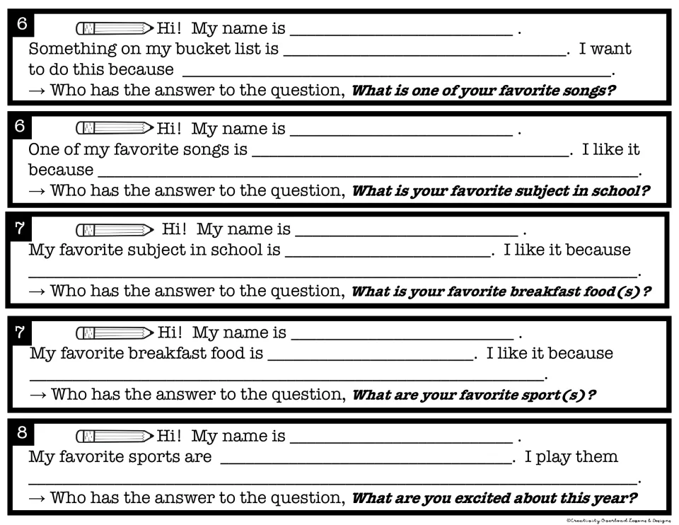 Chain links 6-8: sentence frames on bucket list, favorite song, school subject, breakfast food and sports to fill in