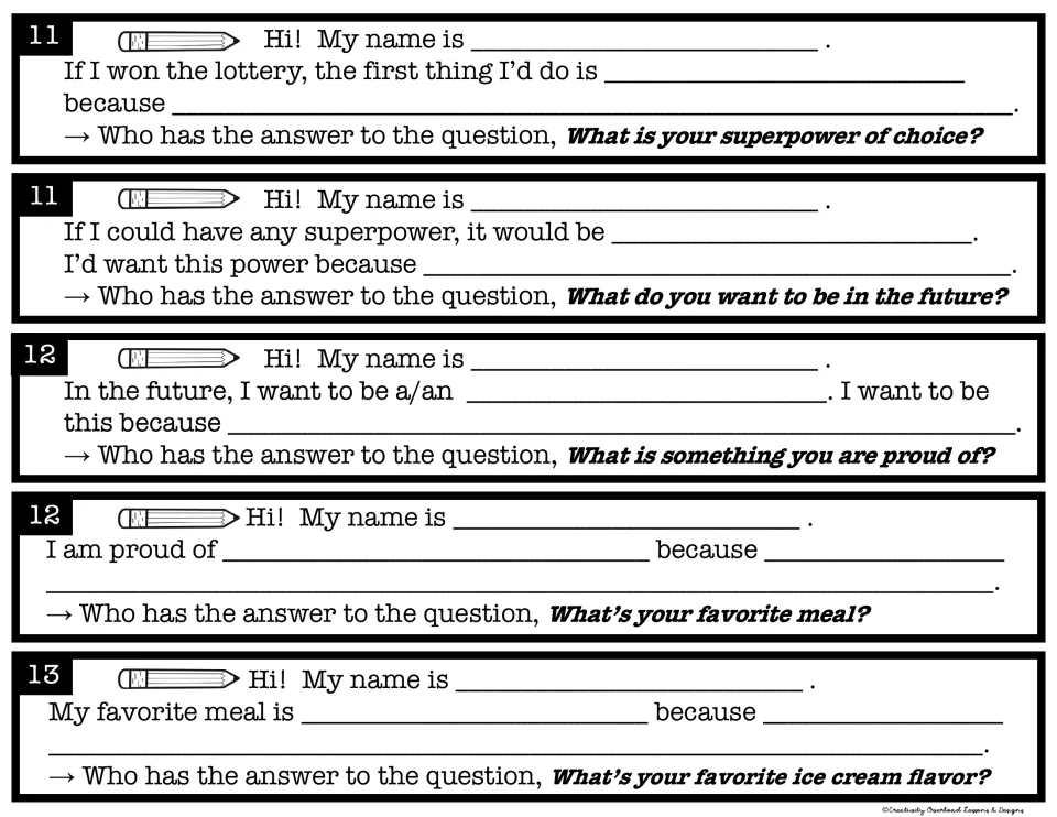 Chain links 11-13: frames on lottery wishes, superpower, future job, something they are proud of and favorite meal