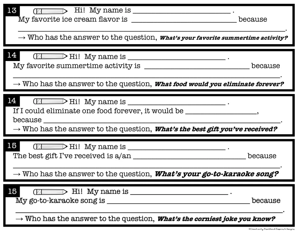 Chain links 13-15: students answer about ice cream flavor, summertime activity, a food to eliminate, a gift and karaoke song