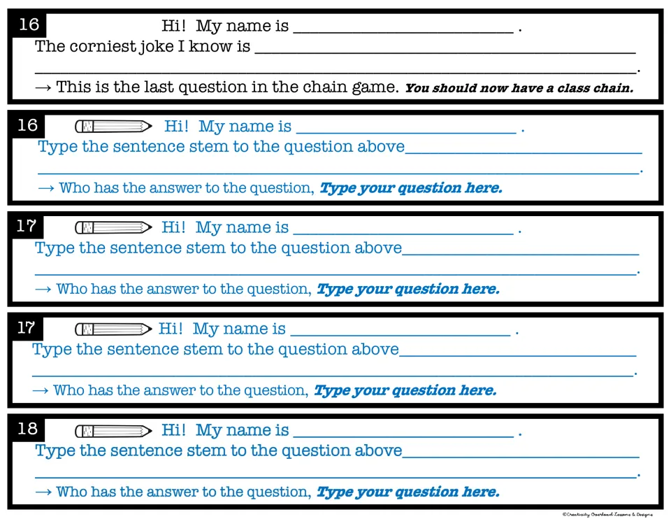 Chain links 16-18: corniest joke ends the chain, then blank editable links for teachers to type their own questions