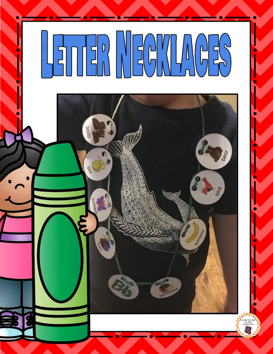 Letter Necklaces cover showing a completed paper bead necklace with Bb, bear, bird, banana, and other words