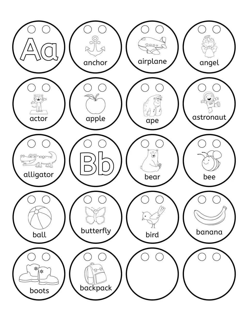 Alphabet necklace beads for Aa and Bb: 16 picture words including anchor, apple, bear, bee, and two blanks