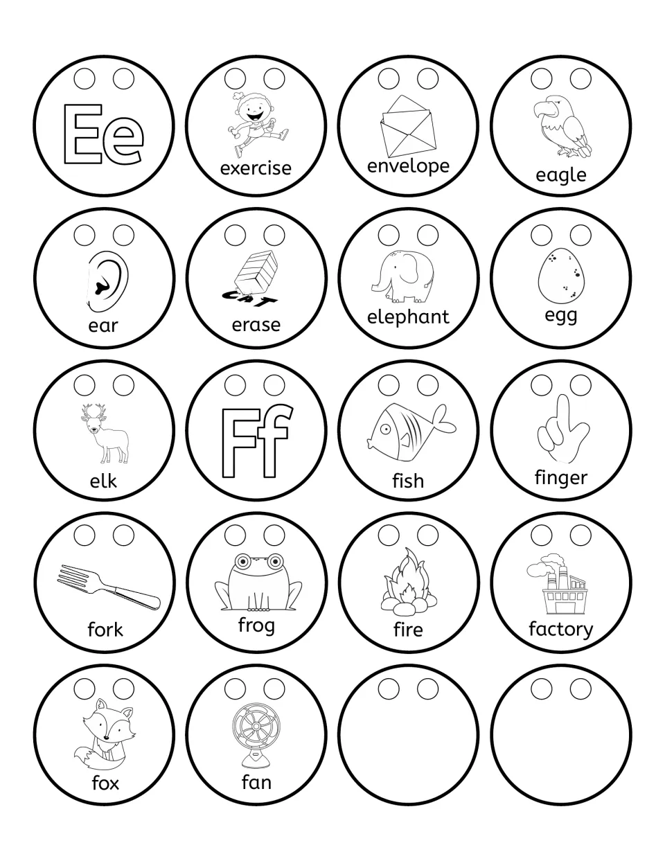 Alphabet necklace beads for Ee and Ff: 16 picture words including exercise, egg, fish, fox, and two blanks