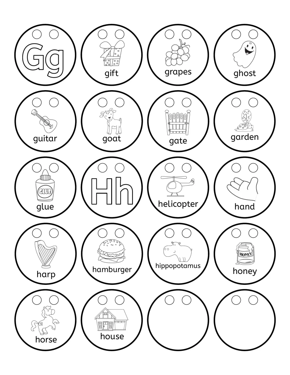 Alphabet necklace beads for Gg and Hh: 16 picture words including gift, goat, hand, house, and two blanks