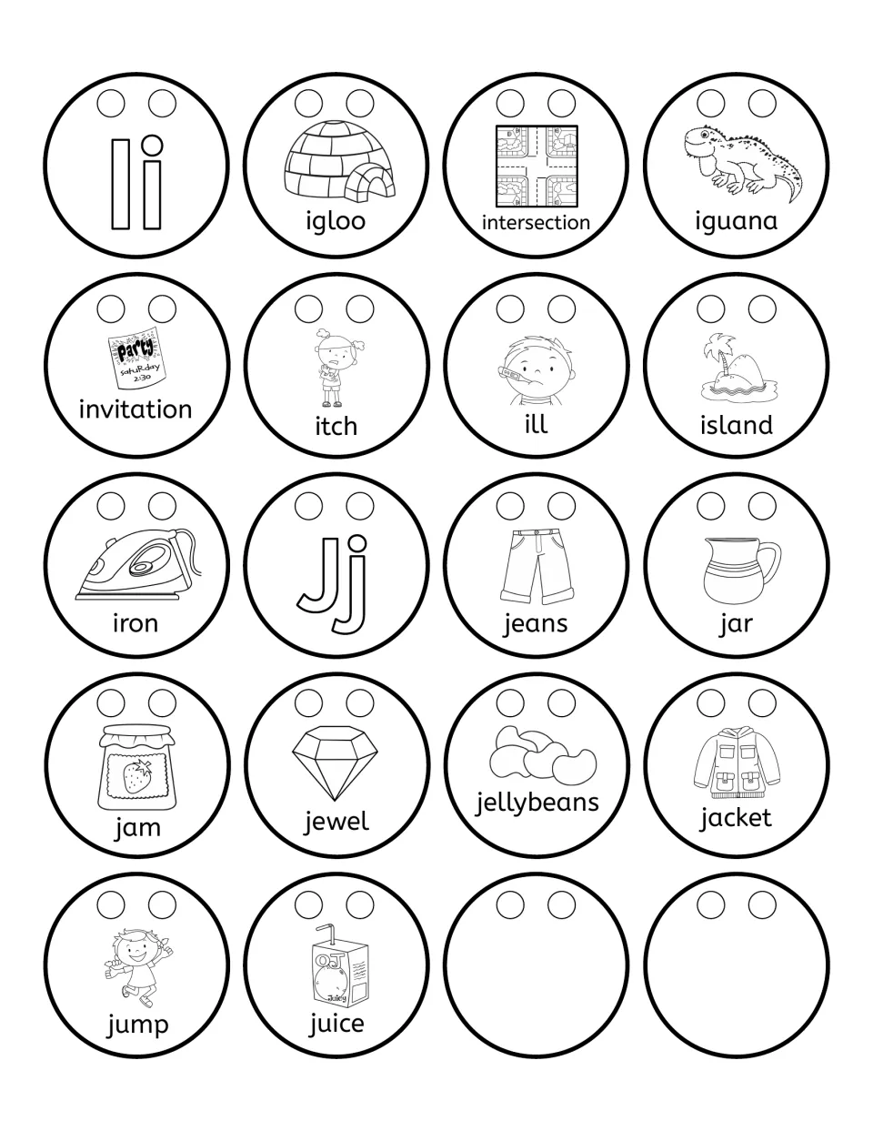 Alphabet necklace beads for Ii and Jj: 16 picture words including igloo, itch, jeans, juice, and two blanks